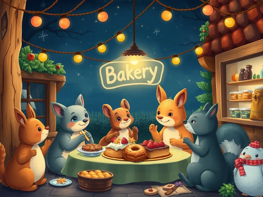 Midnight Whiskers & Mixing Bowls - Festive nighttime bakery gathering with various animals sharing treats