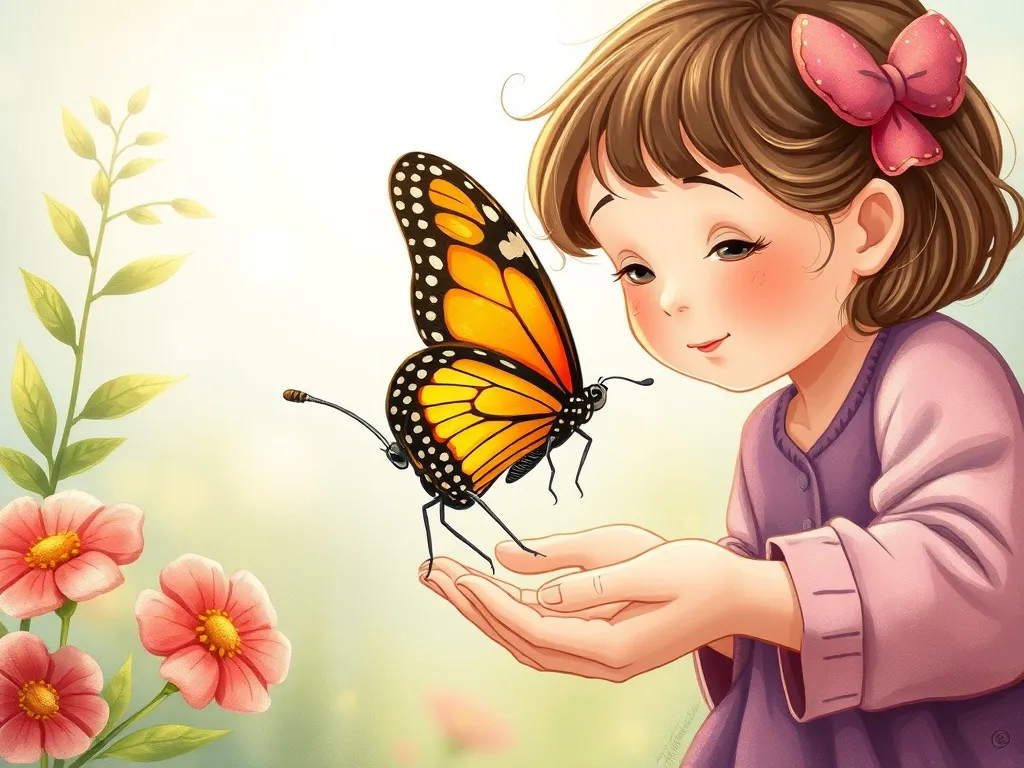 Mila and the Meadow of Colors - Injured butterfly with torn wing in Mila's gentle hands