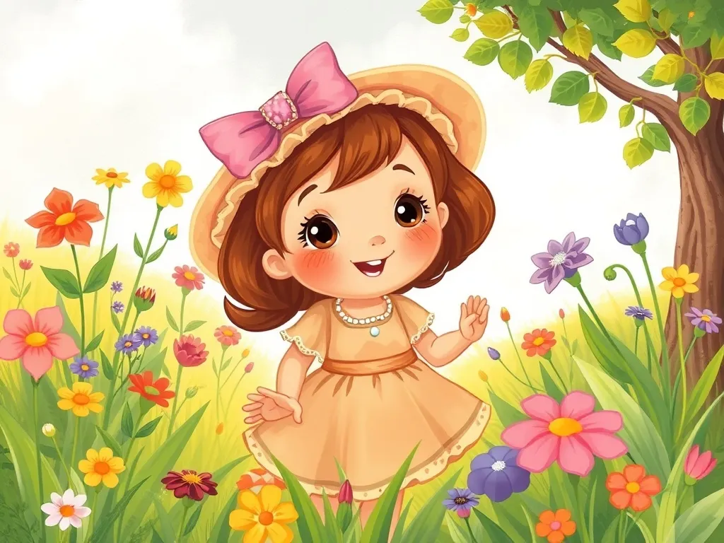 Mila and the Meadow of Colors - Healed butterfly flying joyfully above celebrating Mila