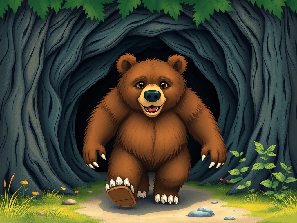 Mira the Mouse and the Crown of Starlight - Powerful bear marching confidently toward twisted shadowy thicket entrance