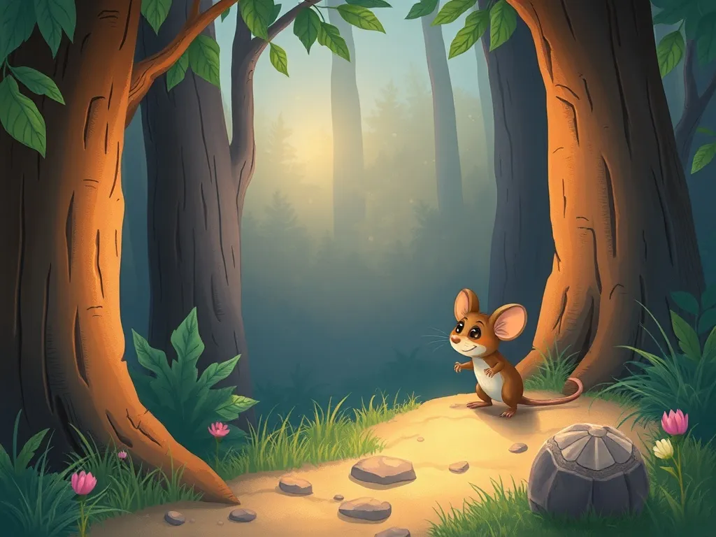 Mira the Mouse and the Crown of Starlight - Small brave mouse entering dim mysterious thicket with glowing eyes watching
