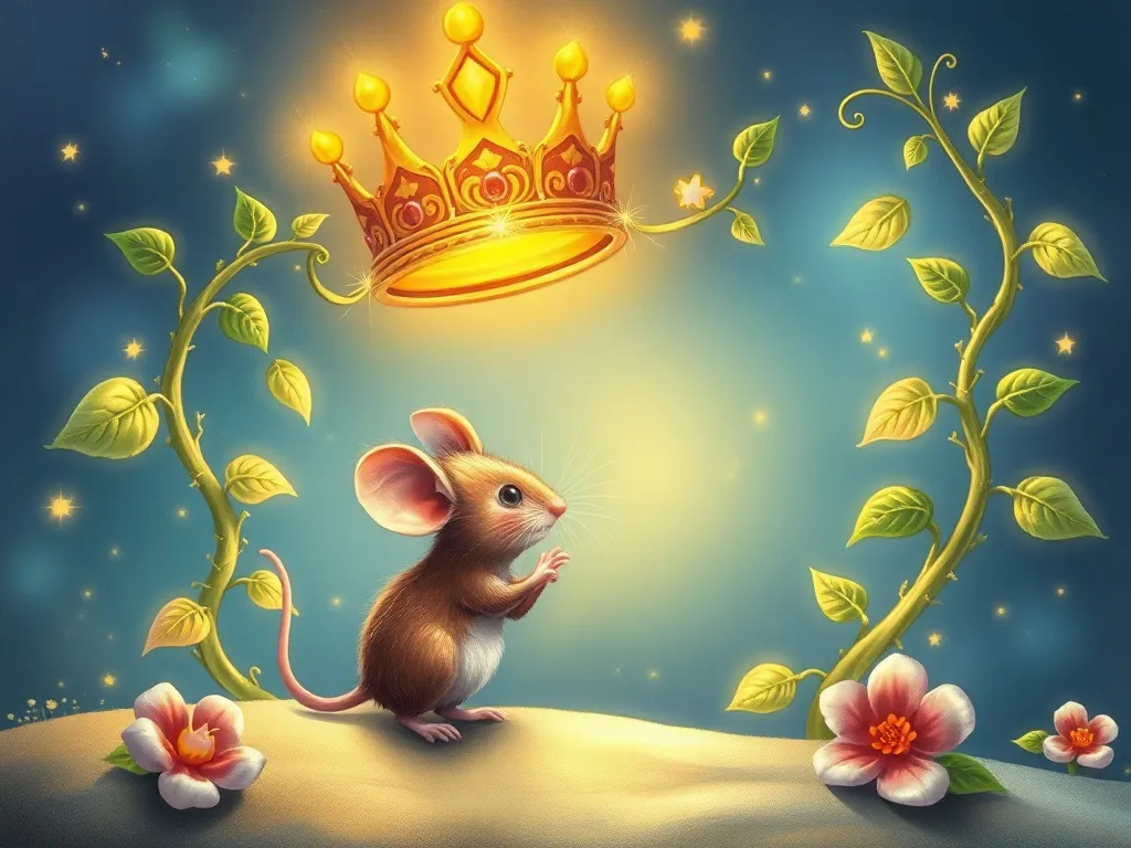 Mira the Mouse and the Crown of Starlight - Tiny mouse speaking to glowing magical vines wrapped around shimmering crown