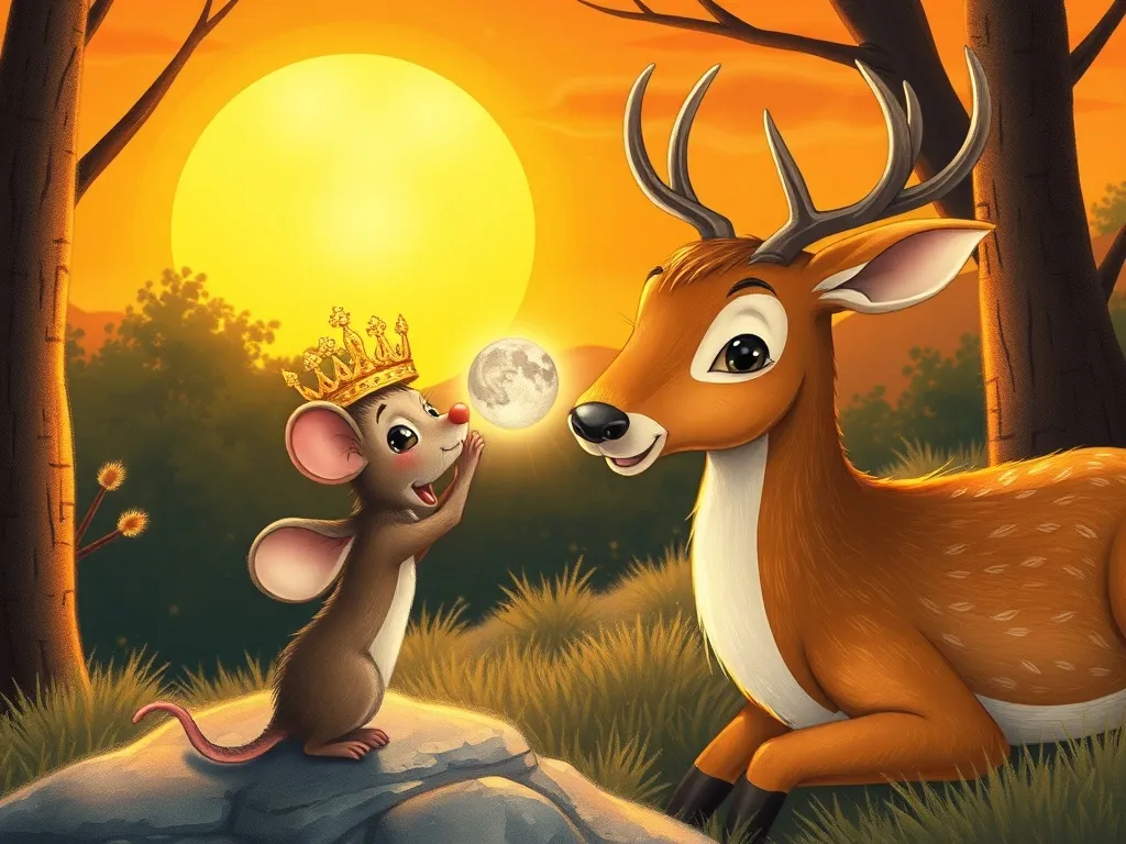 Mira the Mouse and the Crown of Starlight - Mouse presenting glowing moonstone crown to grateful deer at golden sunset