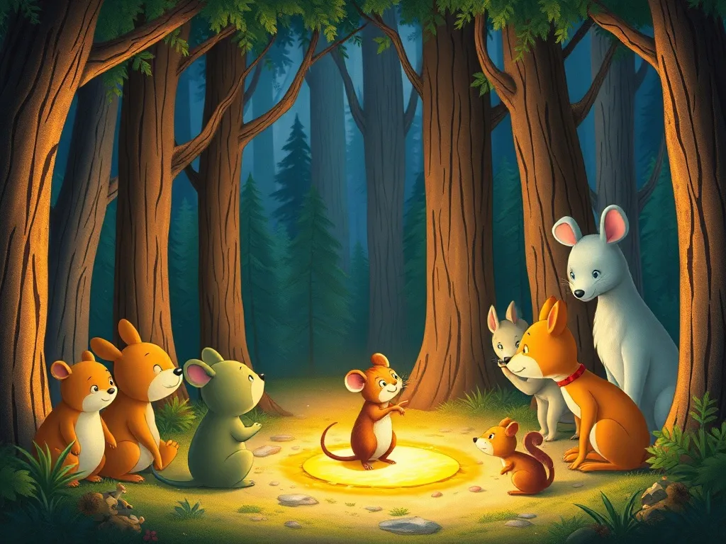 Mira the Mouse and the Crown of Starlight - Forest animals gathered peacefully around small mouse in glowing ceremonial clearing