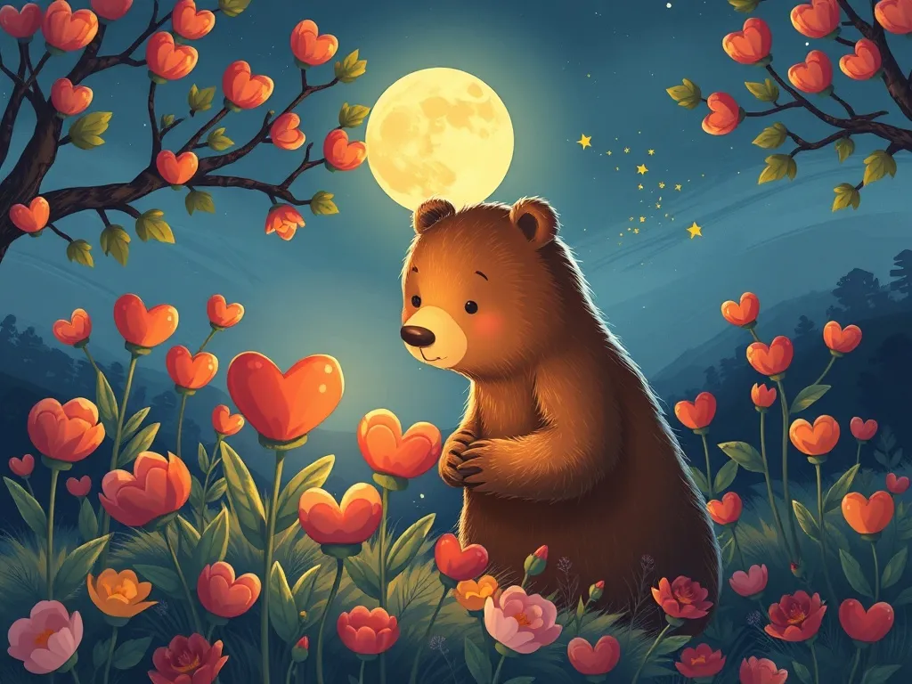 Moon Bear and the Garden of Second Chances - Moon Bear examining the heart garden flowers