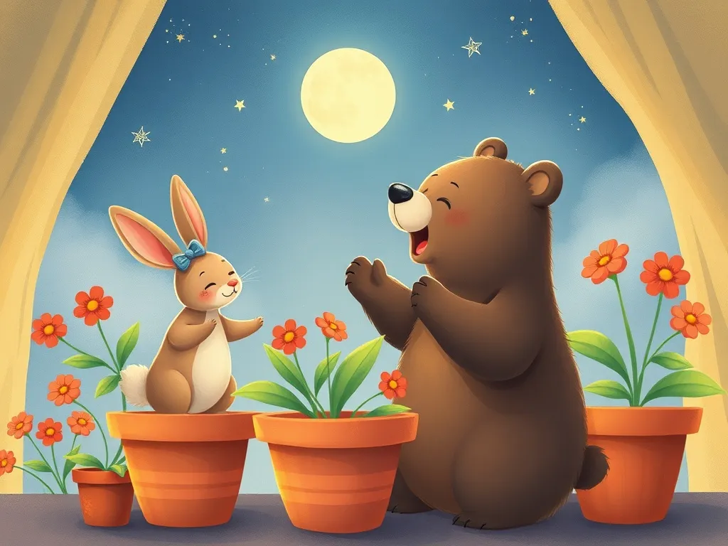 Moon Bear and the Garden of Second Chances - Moon Bear and Rabbit singing over flower pots