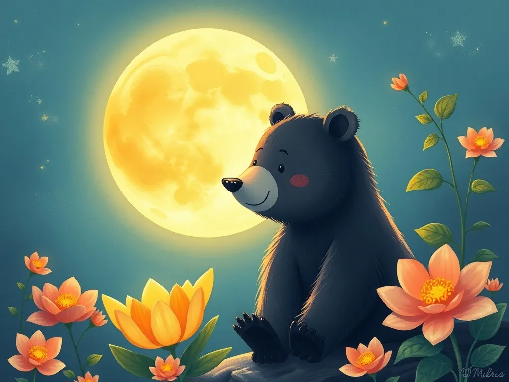 Moon Bear and the Garden of Second Chances - Moon Bear glowing brightly beside blooming moon flower
