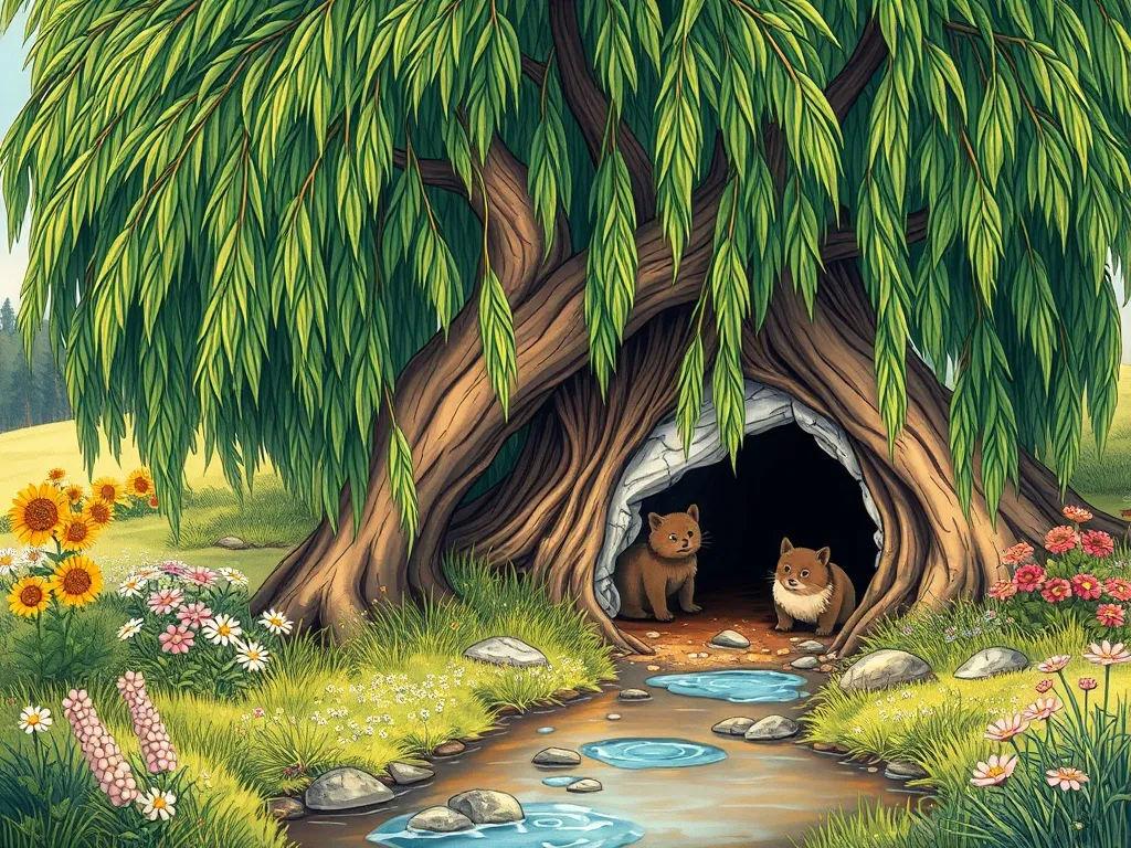 Moonbeam's Silver Boat - Willow tree burrow beside gentle stream with flowers