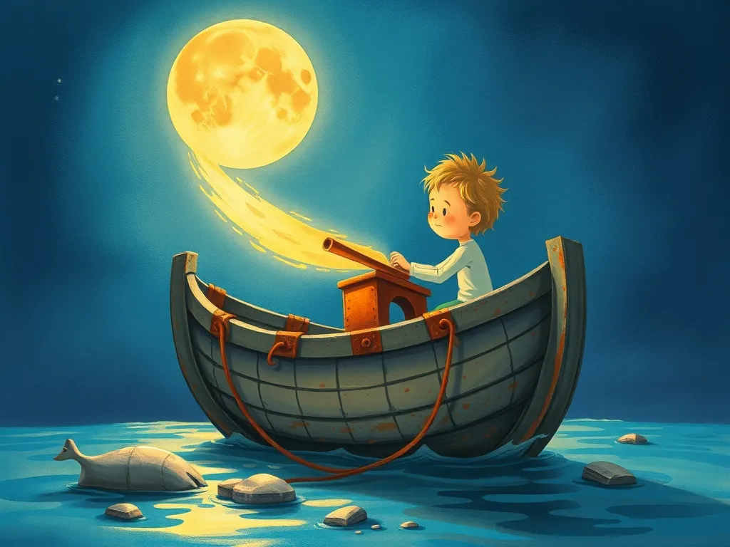 Moonbeam's Silver Boat - Moonbeam clutching broken boat, Rusty looking down sadly