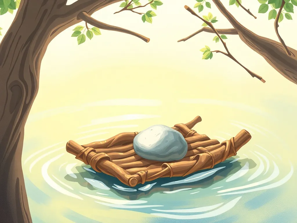 Moonbeam's Silver Boat - Small twig raft floating gently with silver pebble