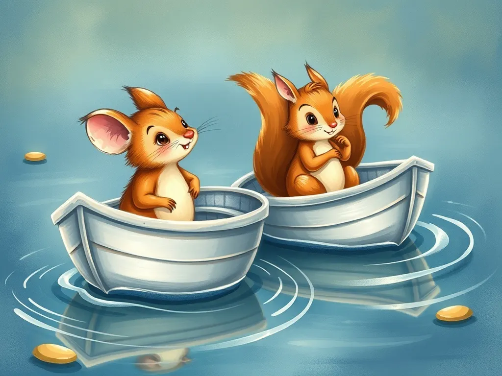 Moonbeam's Silver Boat - Two silver boats floating peacefully, mouse and squirrel watching together