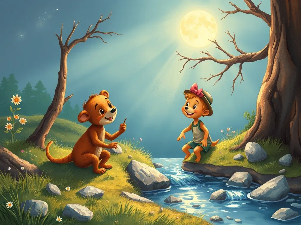 Moonbeam's Silver Boat - Moonbeam and Rusty playing happily by moonlit stream