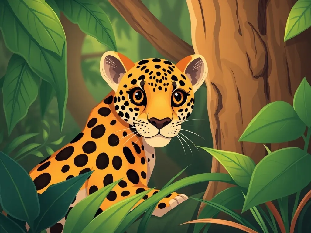 Navigator and the Spotted Stranger - Shy spotted leopard watching from behind jungle leaves