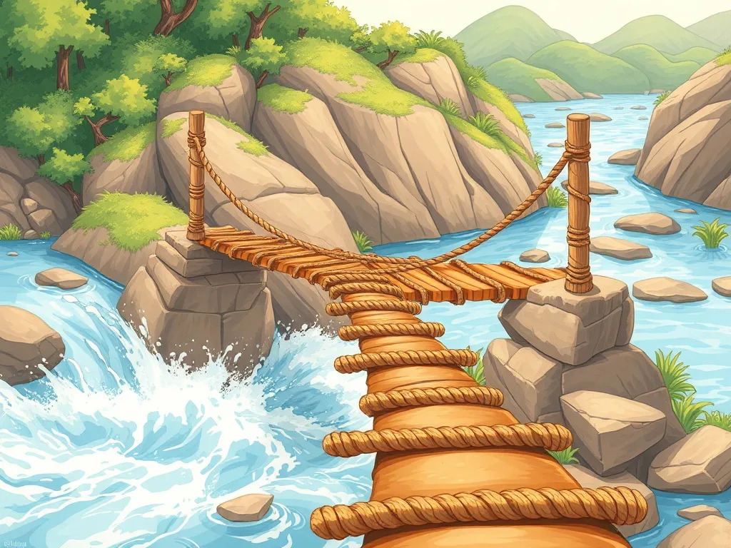 Navigator and the Spotted Stranger - Broken rope bridge over rushing river