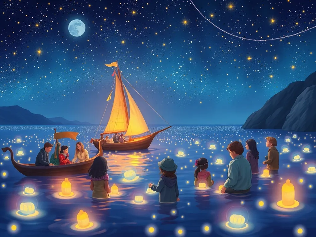 Olivia Octopus and the Glowing Bay - The bay blazing with bioluminescent light as everyone celebrates