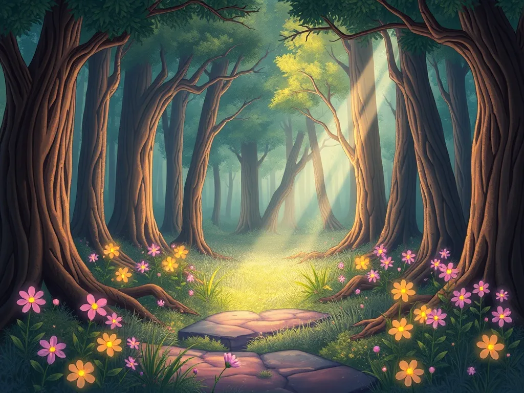Penny and the Glowing Garden - Enchanted forest clearing with rainbow-glowing flowers