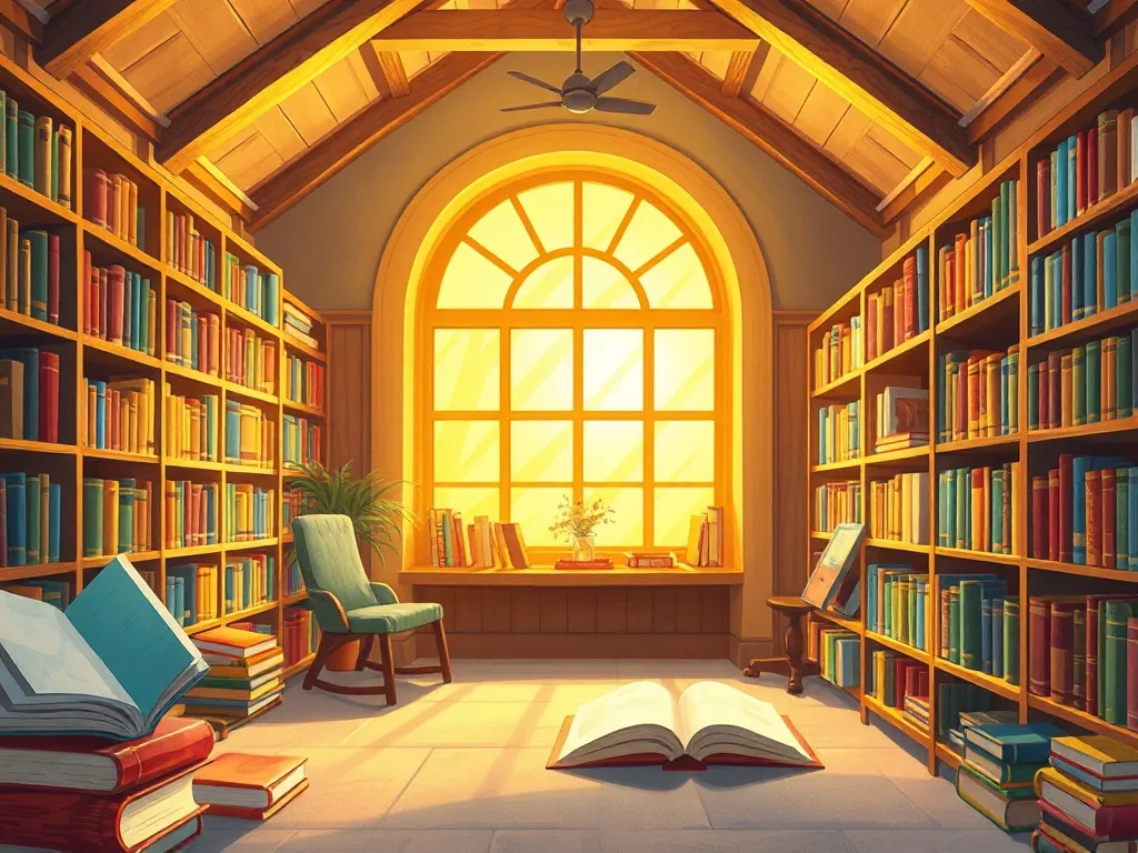 Penny's Heavy Heart - Cozy library with golden light and colorful books