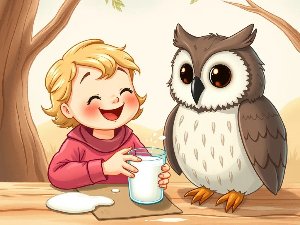 Penny's Heavy Heart - Penny smiling while drinking milk with Mrs. Owl
