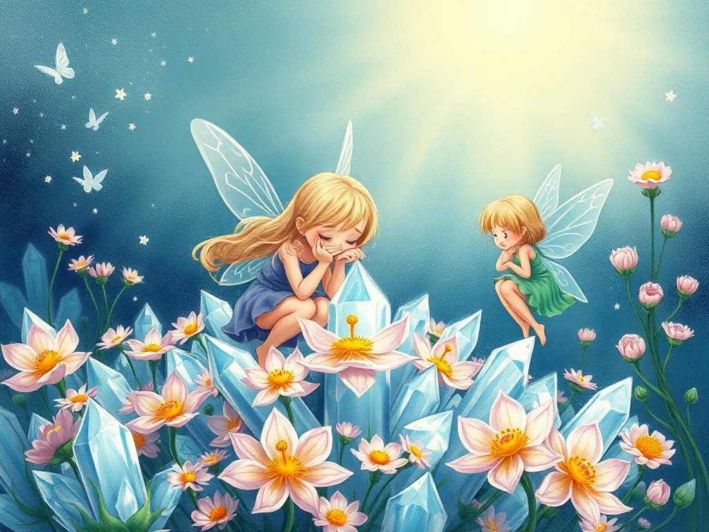 Penny the Pig's Magical Forest Adventure - Fairies weeping over crushed crystal flowers