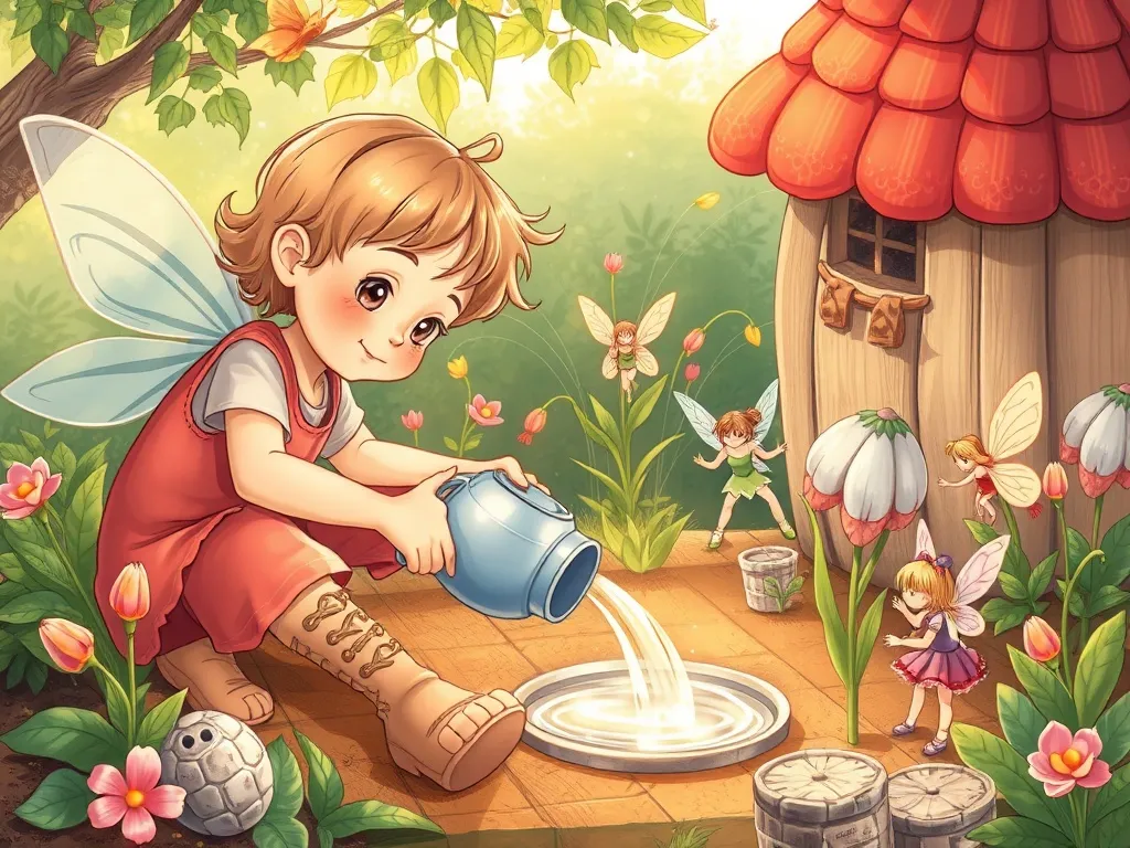 Penny the Pig's Magical Forest Adventure - Penny carefully watering fairy garden with fairies