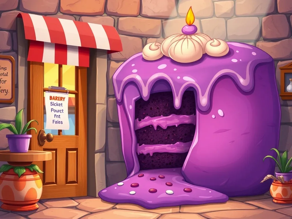 Pepper's Backwards Day - Giant purple cake oozing from bakery door