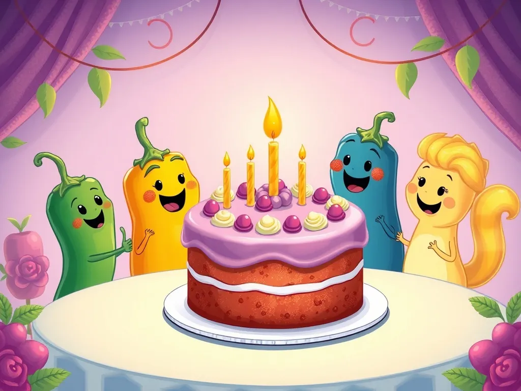 Pepper's Backwards Day - Pepper and friends celebrating around perfect purple cake
