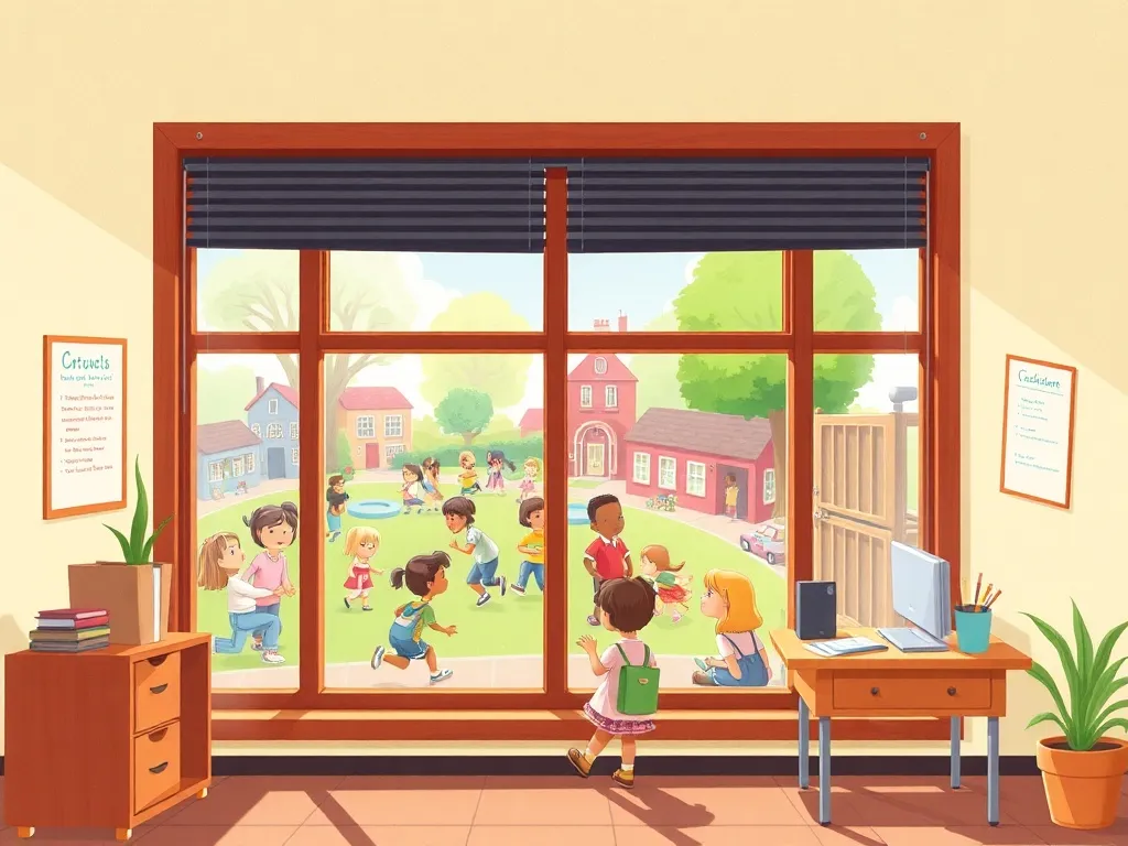 Pepper's First Day Friend - School office with window overlooking busy playground