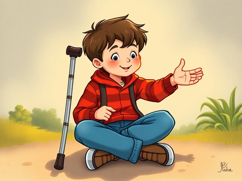 Pepper's First Day Friend - Boy with crutches sitting cross-legged extending hand