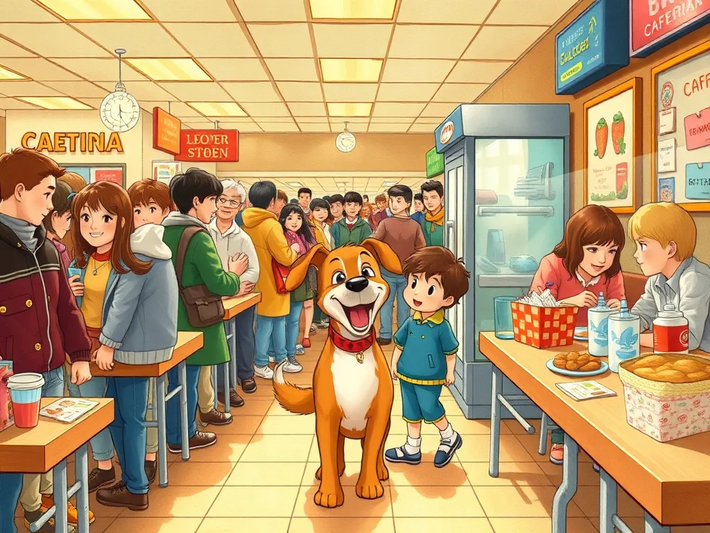 Pepper's First Day Friend - Dog and boy entering crowded bustling cafeteria