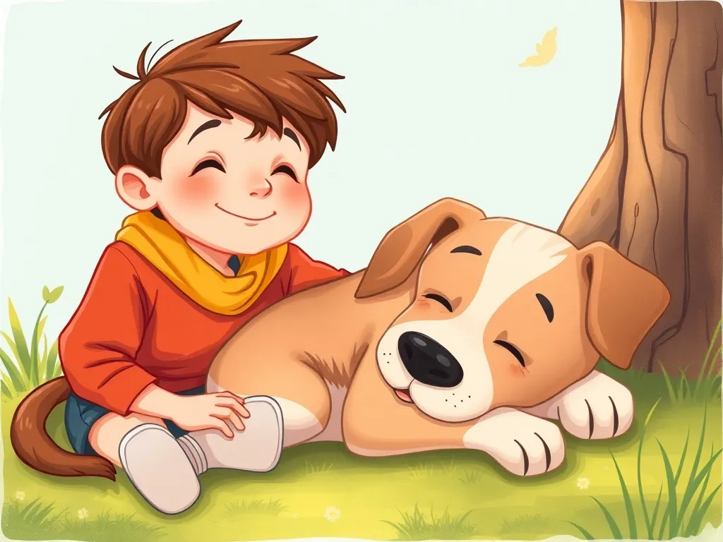 Pepper's First Day Friend - Peaceful dog resting beside smiling boy looking hopeful