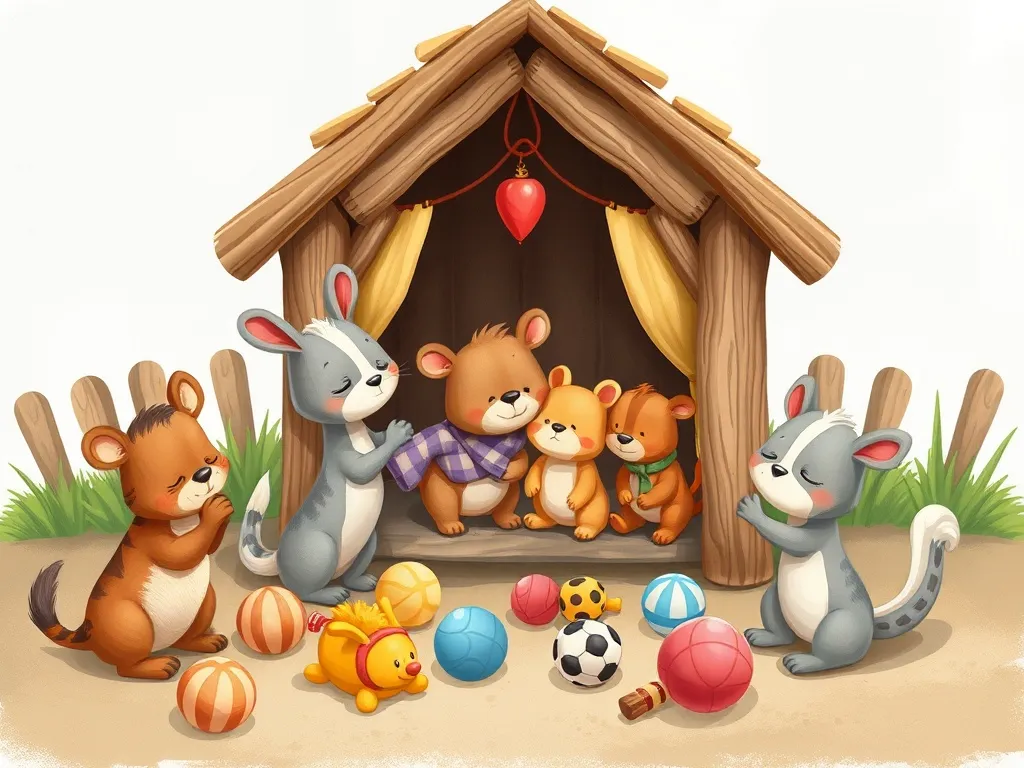 Pepper's Treasure Island - Animals playing joyfully with toys around shelter