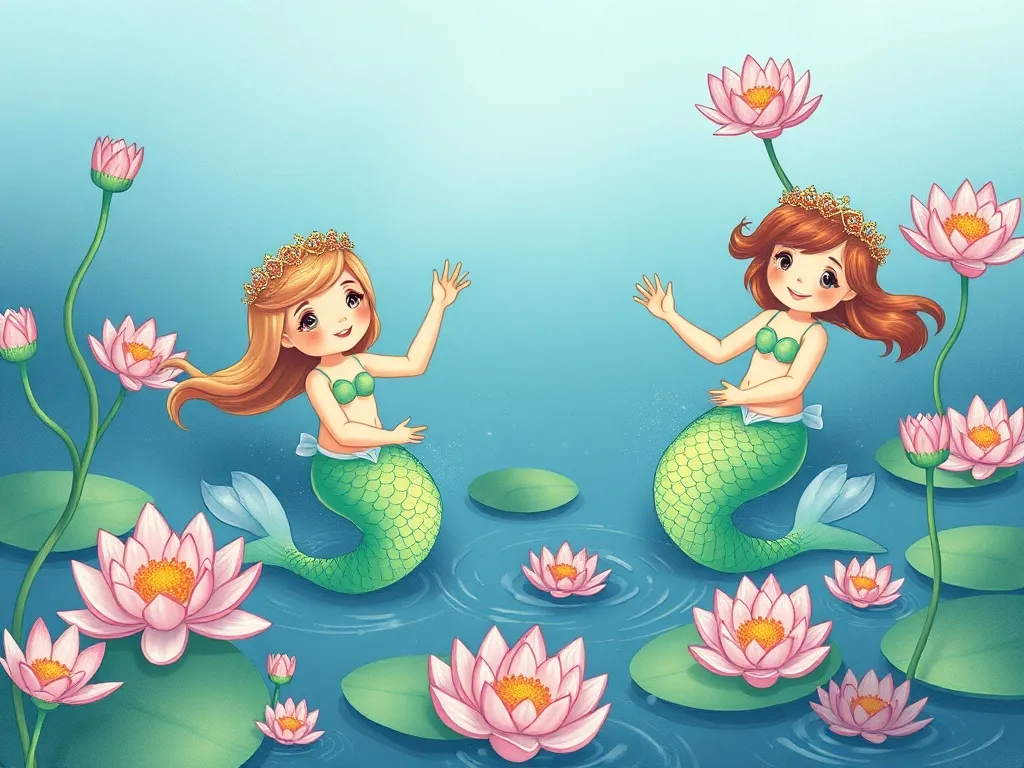 Petal and the Curious Mermaid Squad - Mermaids playing with water lily crowns