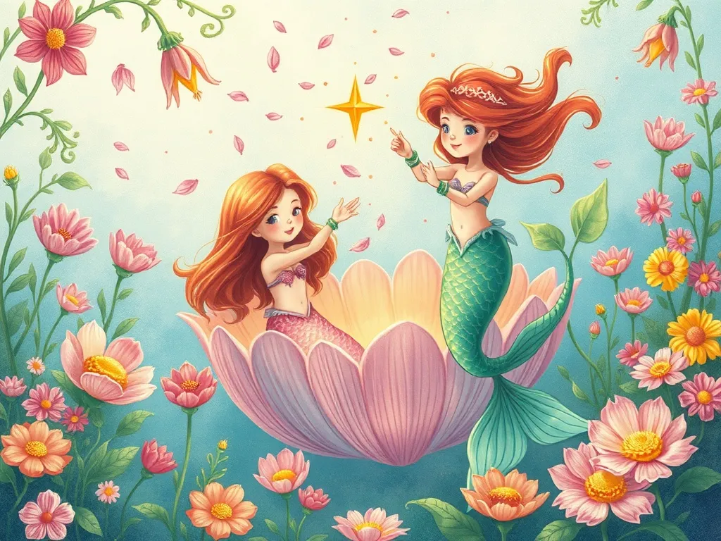 Petal and the Curious Mermaid Squad - Mermaids and Petal celebrating in their floating garden