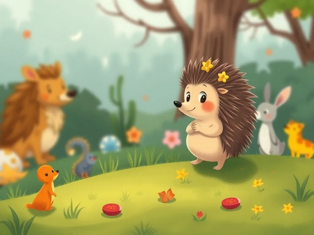 Petals and Friendship: A Meadowbrook Tale - Holly the hedgehog standing quietly at the edge of playing animals