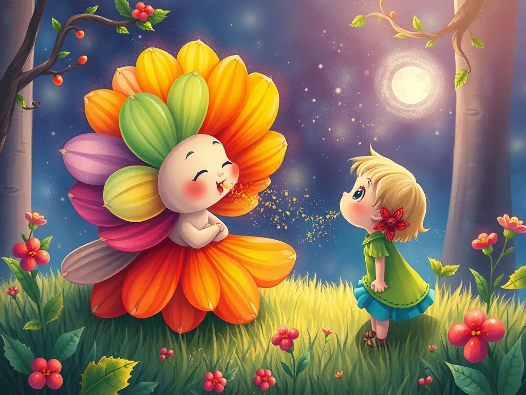 Petals and Friendship: A Meadowbrook Tale - Pip breathing rainbow petals while Holly watches in wonder