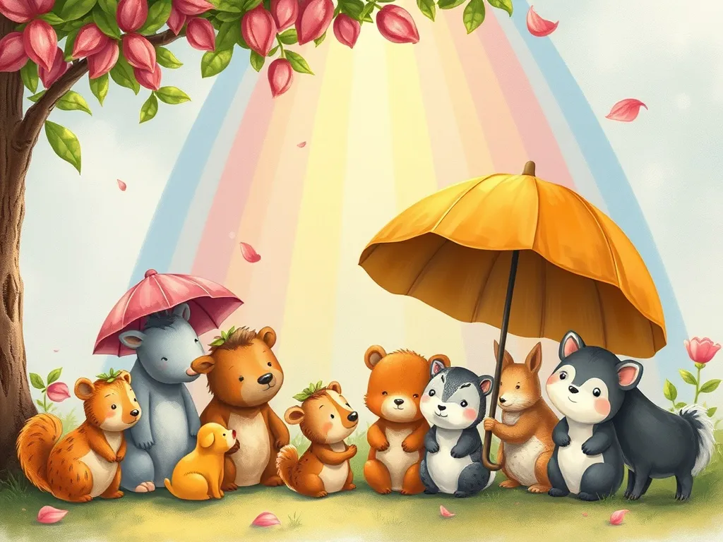 Petals and Friendship: A Meadowbrook Tale - Animals gathering under petal-rainbow while Holly provides leaf umbrellas