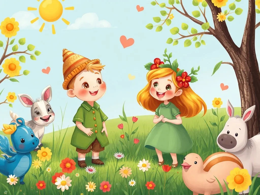 Petals and Friendship: A Meadowbrook Tale - Pip and Holly surrounded by happy meadow friends