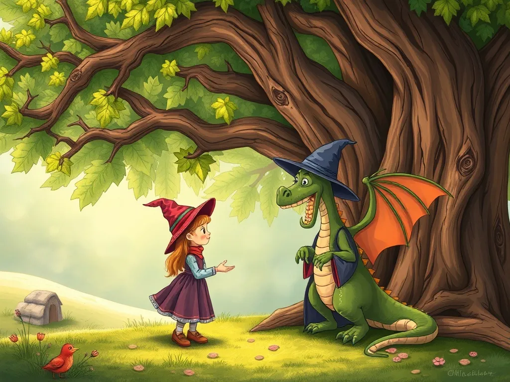 Petals and Friendship: The Tale of Dewdrop Dragon - Young witch and dragon meeting under oak tree