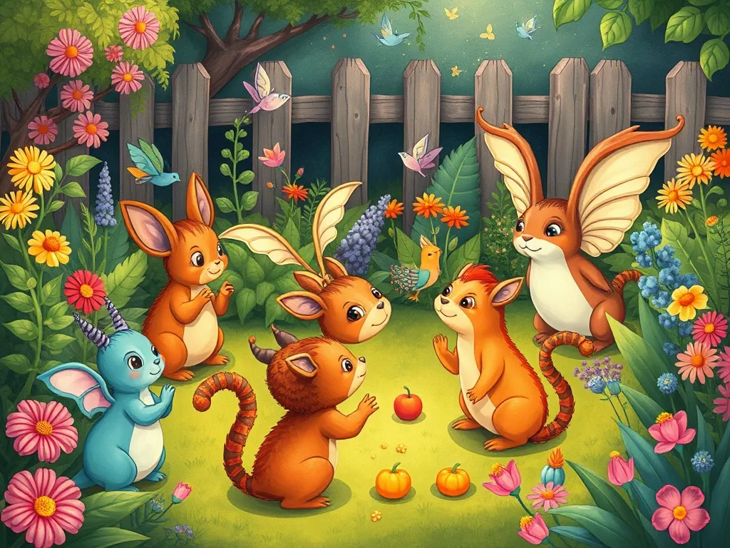 Petals and Friendship: The Tale of Dewdrop Dragon - Diverse magical creatures practicing in garden