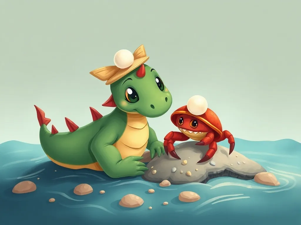 Petals and Pearls: A Beach Dragon's Tale - Dragon discovering hermit crab with pearl hat