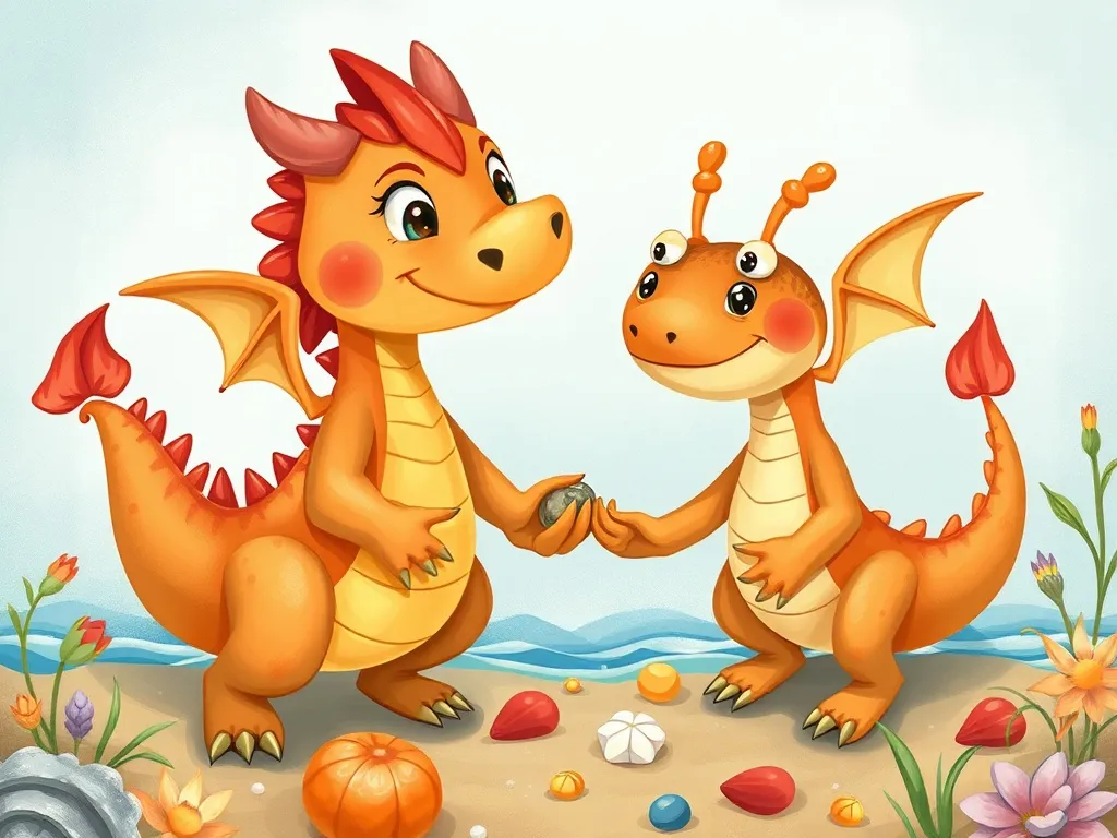 Petals and Pearls: A Beach Dragon's Tale - Dragon and crab sharing pretty treasures