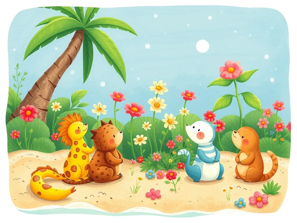 Petals and Pearls: A Beach Dragon's Tale - Beach creatures admiring garden together