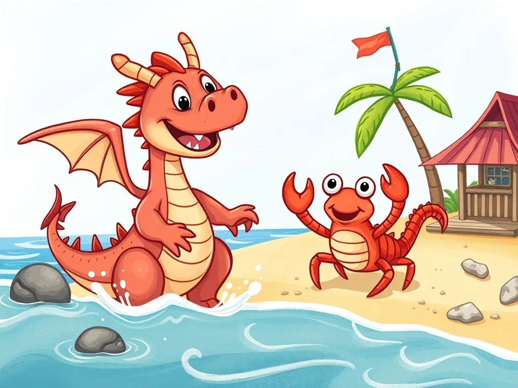 Petals and Pearls: A Beach Dragon's Tale - Dragon and crab leading beach community activities