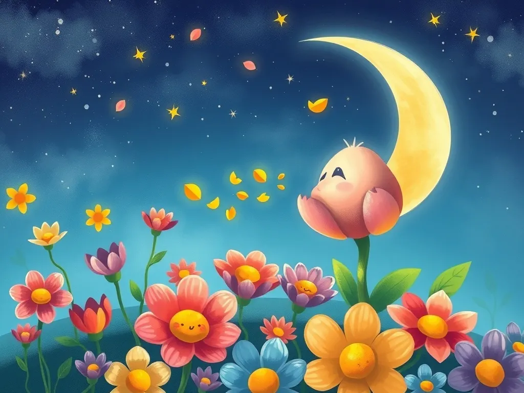 Petals and Questions: A Dragon's Beach Adventure - Pip breathing colorful petals over sleeping flowers