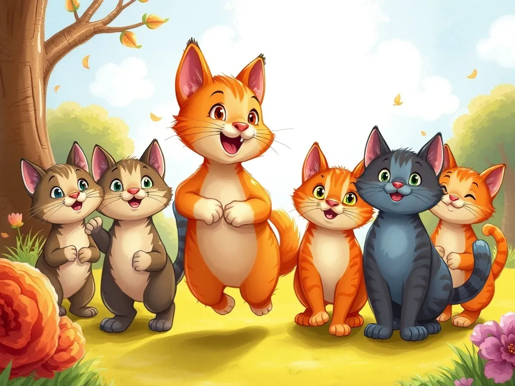 Petals and Questions: A Dragon's Beach Adventure - Pip confidently leading a group of rainbow cats