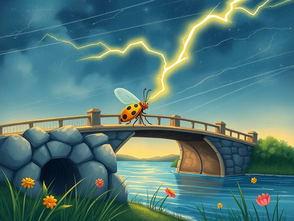 Petals on the Rainbow Bridge - Lightning bug struggling against wind near bridge