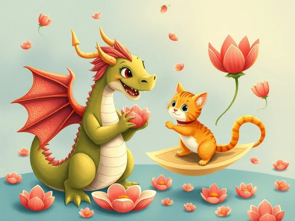 Petals on the Rainbow Bridge - Dragon and cat practicing petal-floating techniques