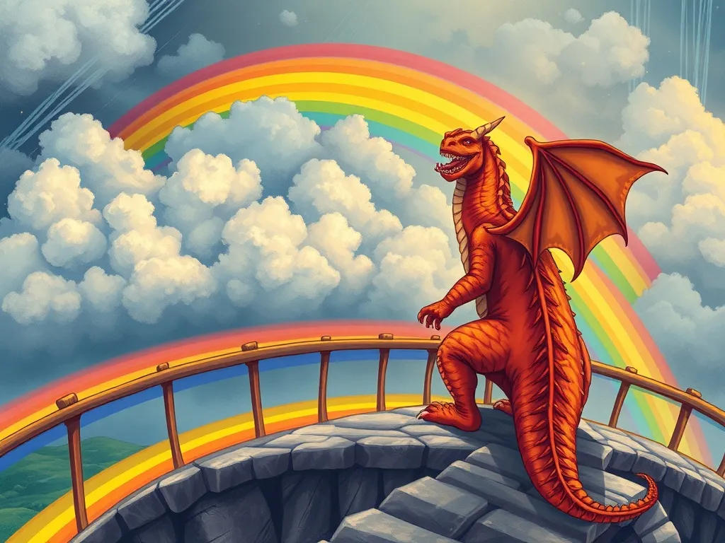Petals on the Rainbow Bridge - Dragon facing storm clouds on rainbow bridge