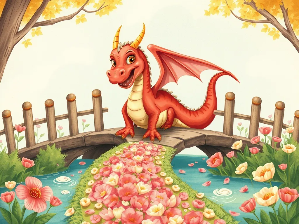 Petals on the Rainbow Bridge - Dragon creating petal path across bridge
