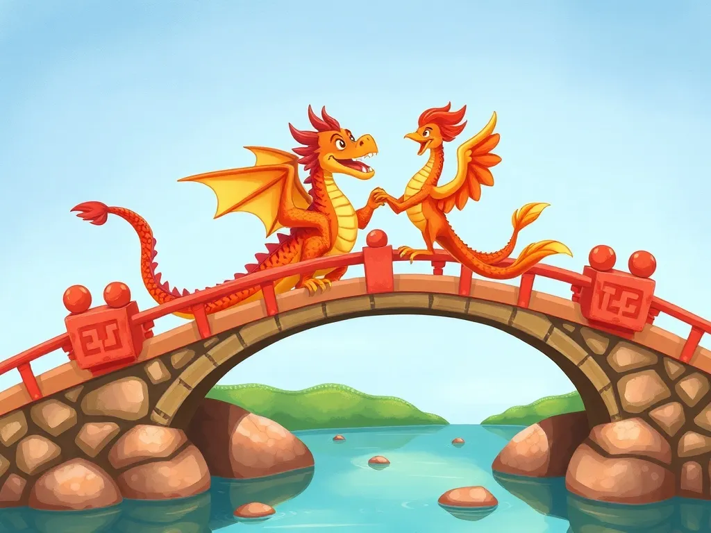 Petals on the Rainbow Bridge - Dragon and phoenix crossing bridge together